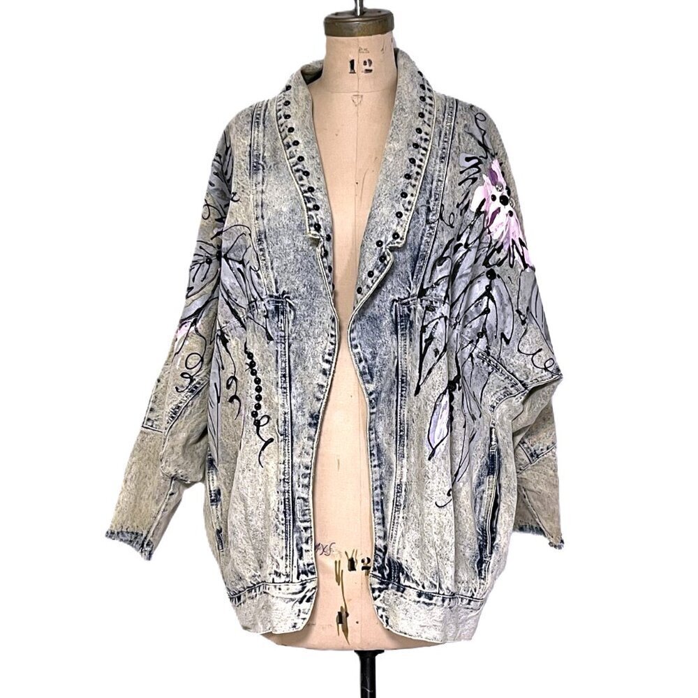 Vintage 90s one of a kind oversized denim jacket with hand painted embellished